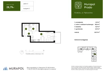 Rzut - Mieszkanie na sprzedaż 1 pokój o powierzchni 28,79 m² - numer 3.C.2.02 w Murapol Prado etap II