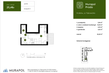 Rzut - Mieszkanie na sprzedaż 1 pokój o powierzchni 25,49 m² - numer 5.B.0.01 w Murapol Prado etap II