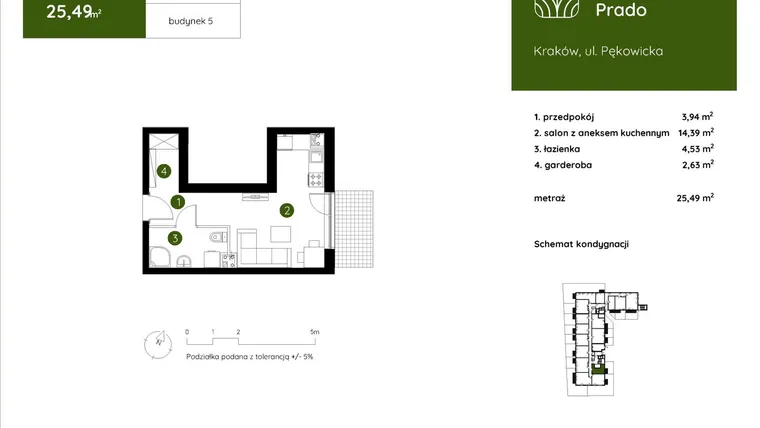 Rzut - Mieszkanie na sprzedaż 1 pokój o powierzchni 25,49 m² - numer 5.B.0.01 w Murapol Prado etap II