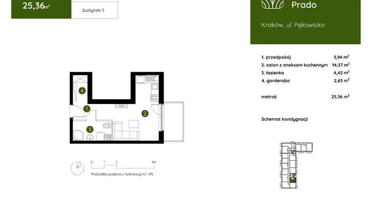 Rzut - Mieszkanie na sprzedaż 1 pokój o powierzchni 25,36 m² - numer 5.B.3.01 w Murapol Prado etap II