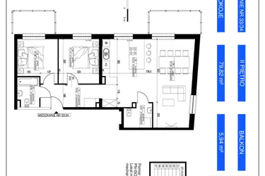Rzut - Mieszkanie na sprzedaż 3 pokoje o powierzchni 79,82 m² - numer 33/34 w Zakątek Gębarzewska