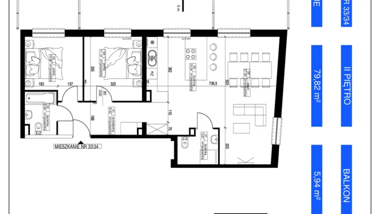 Rzut - Mieszkanie na sprzedaż 3 pokoje o powierzchni 79,82 m² - numer 33/34 w Zakątek Gębarzewska