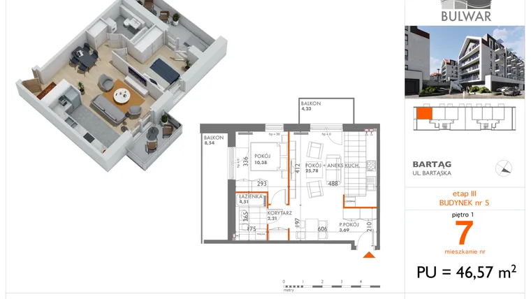 Rzut - Mieszkanie na sprzedaż 2 pokoje o powierzchni 46,57 m² - numer 7 w Osiedle Bulwar bud. 5