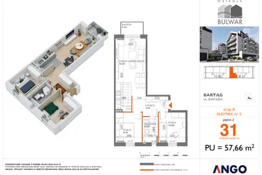 Rzut - Mieszkanie na sprzedaż 3 pokoje o powierzchni 57,66 m² - numer 31 w Osiedle Bulwar bud. 5