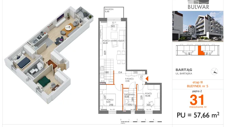 Rzut - Mieszkanie na sprzedaż 3 pokoje o powierzchni 57,66 m² - numer 31 w Osiedle Bulwar bud. 5