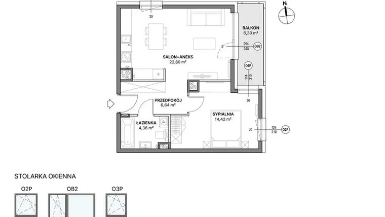 Rzut - Mieszkanie na sprzedaż 2 pokoje o powierzchni 48,22 m² - numer C1.05 w Awionika