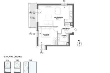 Rzut - Mieszkanie na sprzedaż 2 pokoje o powierzchni 46,57 m² - numer C1.08 w Awionika