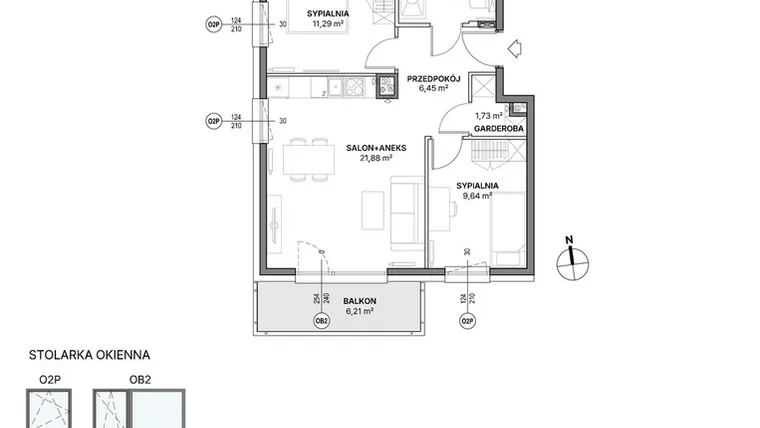 Rzut - Mieszkanie na sprzedaż 3 pokoje o powierzchni 55,6 m² - numer C1.11 w Awionika