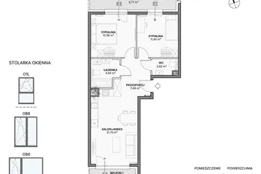 Rzut - Mieszkanie na sprzedaż 3 pokoje o powierzchni 60,75 m² - numer B1.A.05 w Awionika
