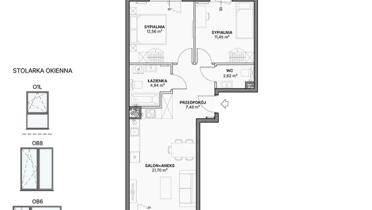 Rzut - Mieszkanie na sprzedaż 3 pokoje o powierzchni 60,75 m² - numer B1.A.05 w Awionika