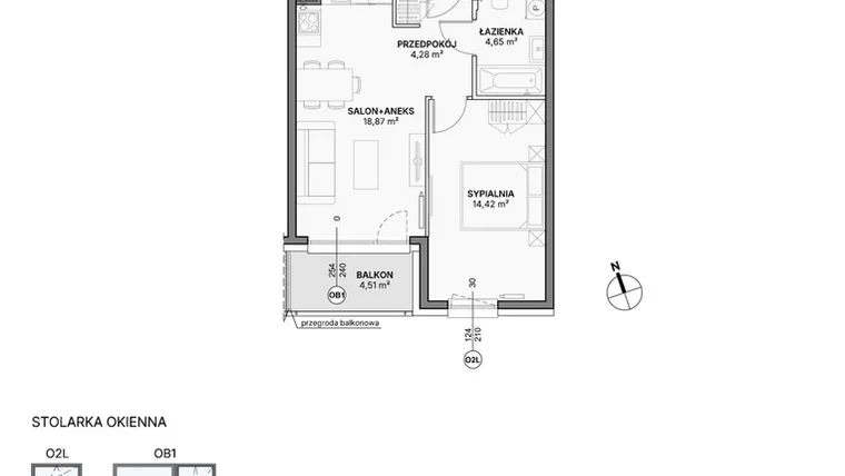 Rzut - Mieszkanie na sprzedaż 2 pokoje o powierzchni 42,22 m² - numer B1.A.03 w Awionika