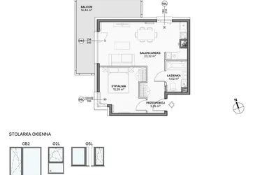 Rzut - Mieszkanie na sprzedaż 2 pokoje o powierzchni 45,57 m² - numer B1.B.04 w Awionika