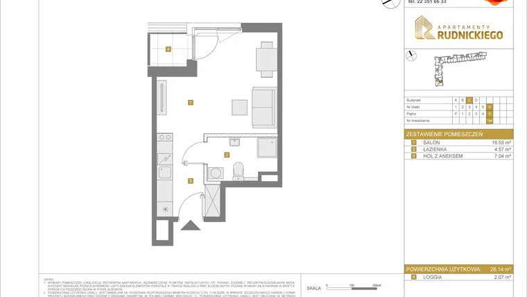Rzut - Mieszkanie na sprzedaż 1 pokój o powierzchni 28,14 m² - numer C164 w Apartamenty Rudnickiego etap 3.1
