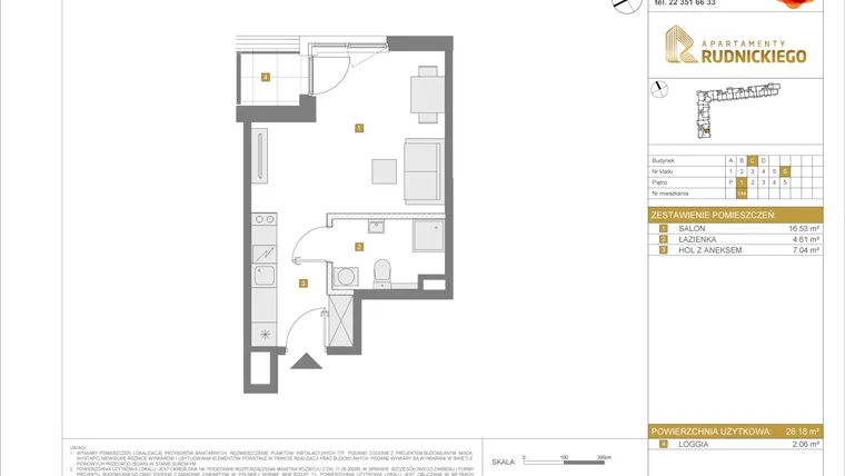 Rzut - Mieszkanie na sprzedaż 1 pokój o powierzchni 28,18 m² - numer C144 w Apartamenty Rudnickiego etap 3.1