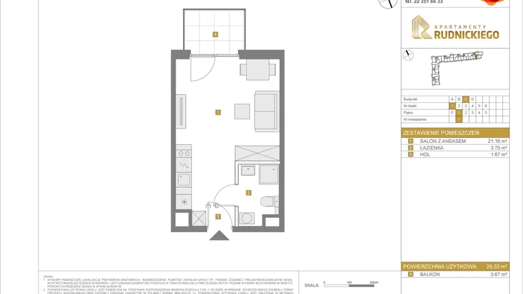 Rzut - Mieszkanie na sprzedaż 1 pokój o powierzchni 26,53 m² - numer C7 w Apartamenty Rudnickiego etap 3.1