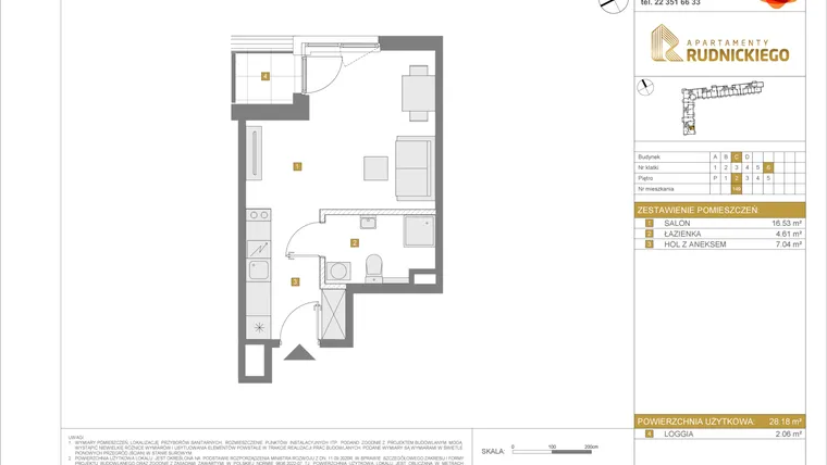 Rzut - Mieszkanie na sprzedaż 1 pokój o powierzchni 28,18 m² - numer C149 w Apartamenty Rudnickiego etap 3.1