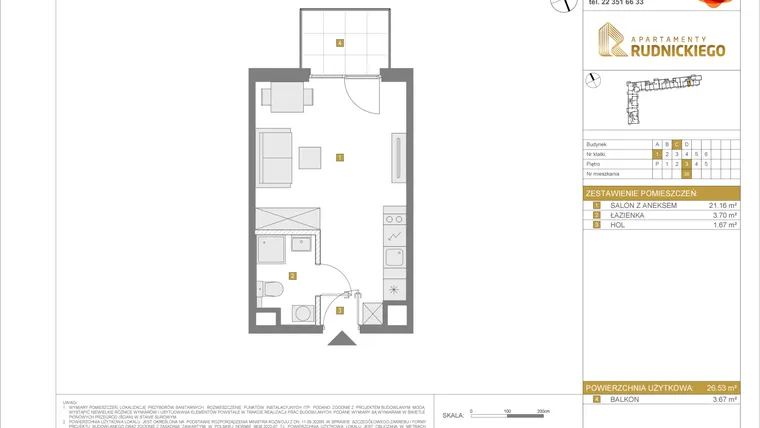 Rzut - Mieszkanie na sprzedaż 1 pokój o powierzchni 26,53 m² - numer C20 w Apartamenty Rudnickiego etap 3.1