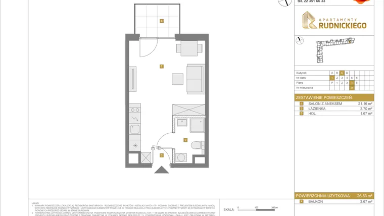 Rzut - Mieszkanie na sprzedaż 1 pokój o powierzchni 26,53 m² - numer C25 w Apartamenty Rudnickiego etap 3.1