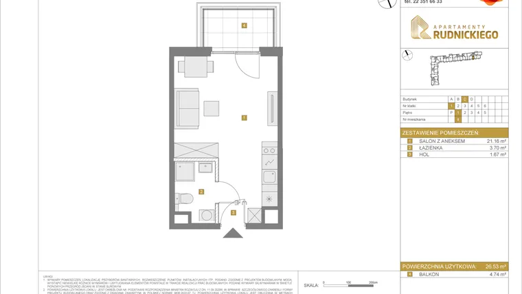 Rzut - Mieszkanie na sprzedaż 1 pokój o powierzchni 26,53 m² - numer C8 w Apartamenty Rudnickiego etap 3.1