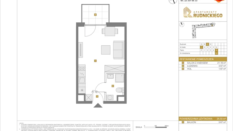 Rzut - Mieszkanie na sprzedaż 1 pokój o powierzchni 26,5 m² - numer C31 w Apartamenty Rudnickiego etap 3.1