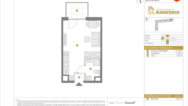 Rzut - Mieszkanie na sprzedaż 1 pokój o powierzchni 26,53 m² - numer C13 w Apartamenty Rudnickiego etap 3.1