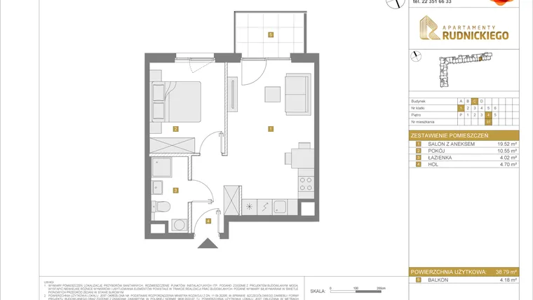 Rzut - Mieszkanie na sprzedaż 2 pokoje o powierzchni 38,79 m² - numer C27 w Apartamenty Rudnickiego etap 3.1