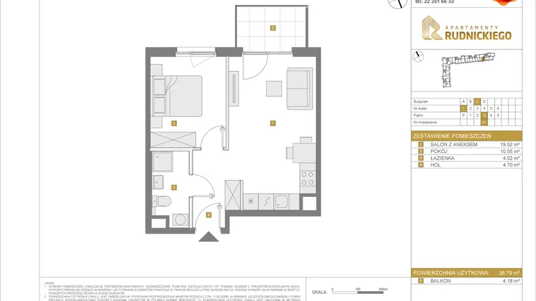 Rzut - Mieszkanie na sprzedaż 2 pokoje o powierzchni 38,79 m² - numer C21 w Apartamenty Rudnickiego etap 3.1