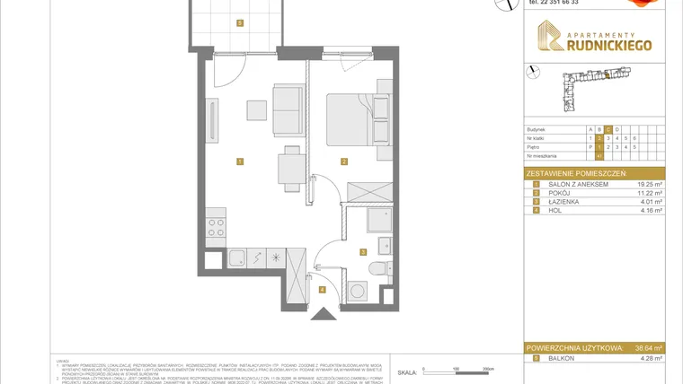 Rzut - Mieszkanie na sprzedaż 2 pokoje o powierzchni 38,64 m² - numer C41 w Apartamenty Rudnickiego etap 3.1