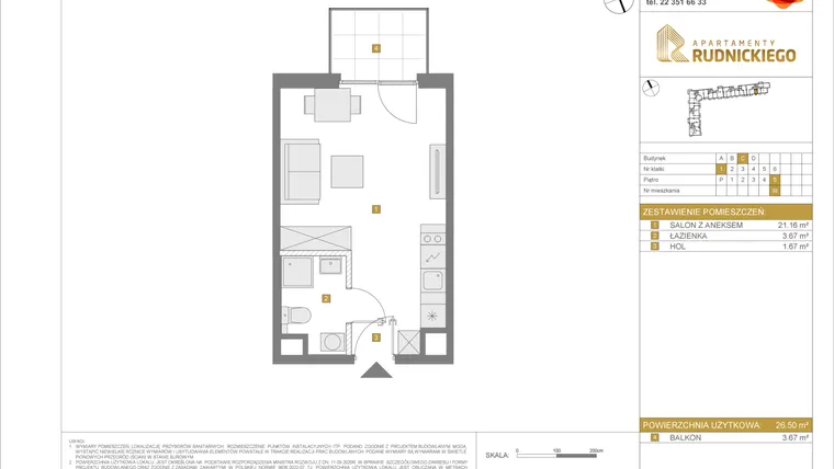 Rzut - Mieszkanie na sprzedaż 1 pokój o powierzchni 26,5 m² - numer C32 w Apartamenty Rudnickiego etap 3.1