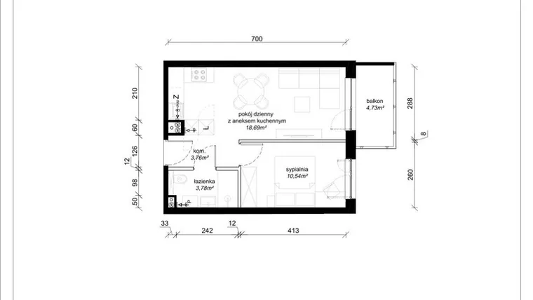 Rzut - Mieszkanie na sprzedaż 2 pokoje o powierzchni 36,77 m² - numer A.1.11.2a w art.TEO2