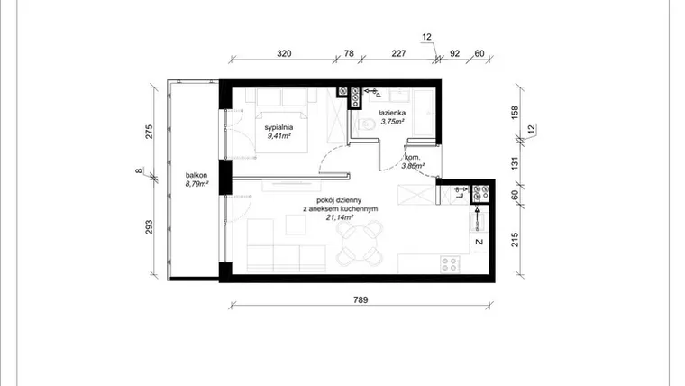 Rzut - Mieszkanie na sprzedaż 2 pokoje o powierzchni 38,15 m² - numer A.1.13.2a w art.TEO2