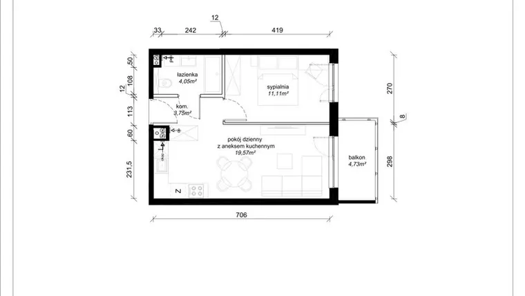 Rzut - Mieszkanie na sprzedaż 2 pokoje o powierzchni 38,48 m² - numer A.3.26.2a w art.TEO2