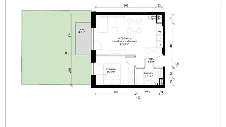 Rzut - Mieszkanie na sprzedaż 2 pokoje o powierzchni 38,74 m² - numer A.0.41.2a w art.TEO2