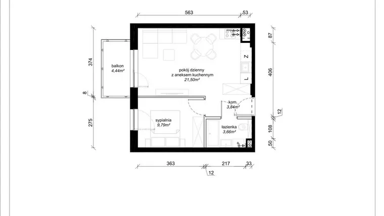 Rzut - Mieszkanie na sprzedaż 2 pokoje o powierzchni 38,79 m² - numer A.1.49.2a w art.TEO2