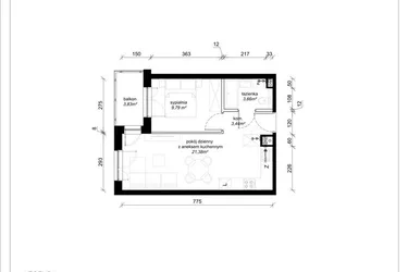 Rzut - Mieszkanie na sprzedaż 2 pokoje o powierzchni 38,27 m² - numer A.1.48.2a w art.TEO2