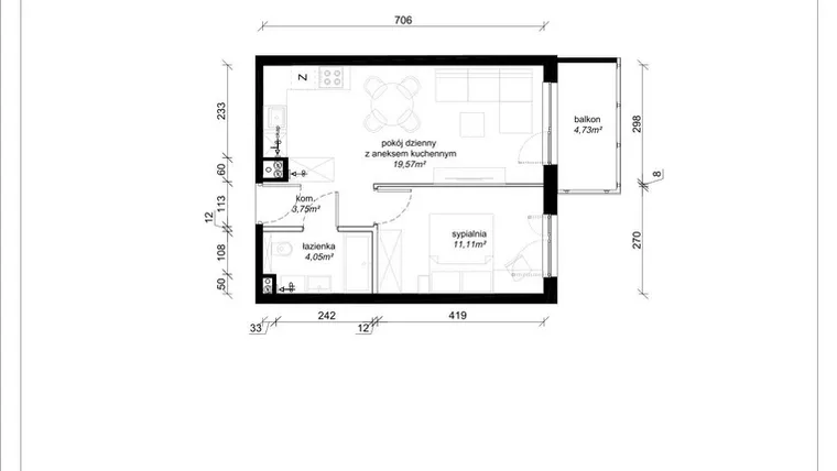 Rzut - Mieszkanie na sprzedaż 2 pokoje o powierzchni 38,48 m² - numer A.3.59.2a w art.TEO2