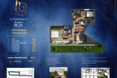 Rzut - Mieszkanie na sprzedaż 3 pokoje o powierzchni 60,27 m² - numer M 01 w Kilińskiego 11