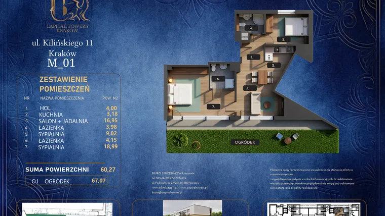 Rzut - Mieszkanie na sprzedaż 3 pokoje o powierzchni 60,27 m² - numer M 01 w Kilińskiego 11