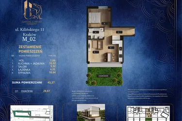 Rzut - Mieszkanie na sprzedaż 2 pokoje o powierzchni 43,37 m² - numer M 02 w Kilińskiego 11