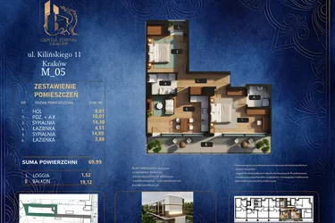 Rzut - Mieszkanie na sprzedaż 3 pokoje o powierzchni 69,99 m² - numer M 05 w Kilińskiego 11