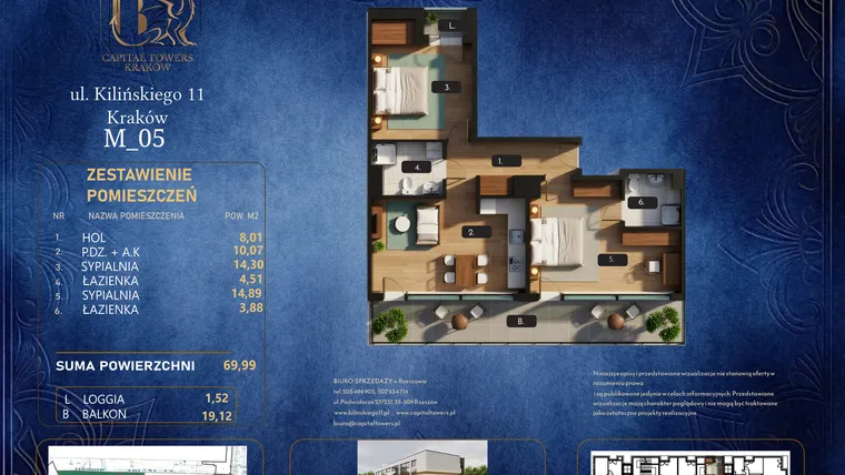 Rzut - Mieszkanie na sprzedaż 3 pokoje o powierzchni 69,99 m² - numer M 05 w Kilińskiego 11