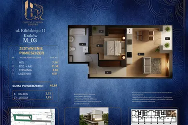 Rzut - Mieszkanie na sprzedaż 2 pokoje o powierzchni 46,64 m² - numer M 03 w Kilińskiego 11