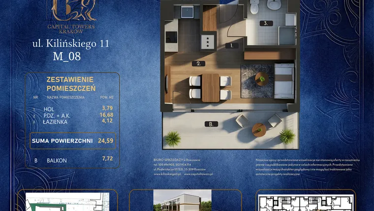 Rzut - Mieszkanie na sprzedaż 1 pokój o powierzchni 24,59 m² - numer M 08 w Kilińskiego 11