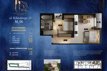 Rzut - Mieszkanie na sprzedaż 2 pokoje o powierzchni 46,84 m² - numer M 06 w Kilińskiego 11
