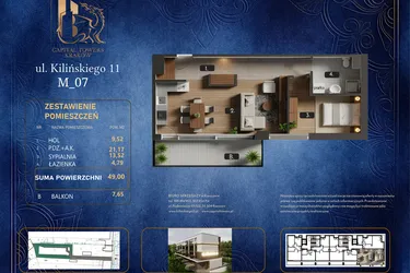 Rzut - Mieszkanie na sprzedaż 2 pokoje o powierzchni 49 m² - numer M 07 w Kilińskiego 11