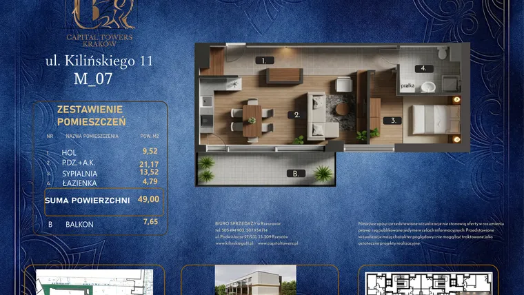 Rzut - Mieszkanie na sprzedaż 2 pokoje o powierzchni 49 m² - numer M 07 w Kilińskiego 11