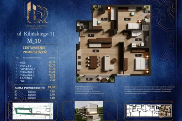 Rzut - Mieszkanie na sprzedaż 4 pokoje o powierzchni 95,36 m² - numer M 10 w Kilińskiego 11