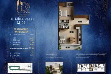 Rzut - Mieszkanie na sprzedaż 2 pokoje o powierzchni 51,64 m² - numer M 09 w Kilińskiego 11