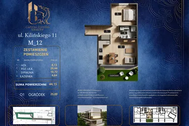 Rzut - Mieszkanie na sprzedaż 2 pokoje o powierzchni 44,15 m² - numer M 12 w Kilińskiego 11