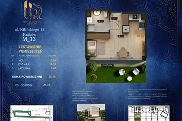 Rzut - Mieszkanie na sprzedaż 1 pokój o powierzchni 23,16 m² - numer M 13 w Kilińskiego 11